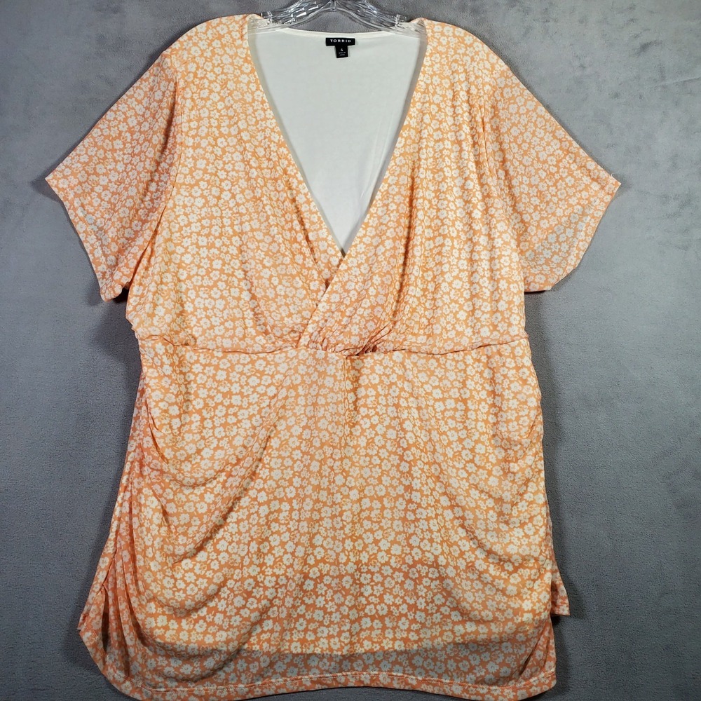 Torrid Babydoll‎ Top Womens 4X Orange Ditsy Floral Sheer Wrap Feminine Cottage